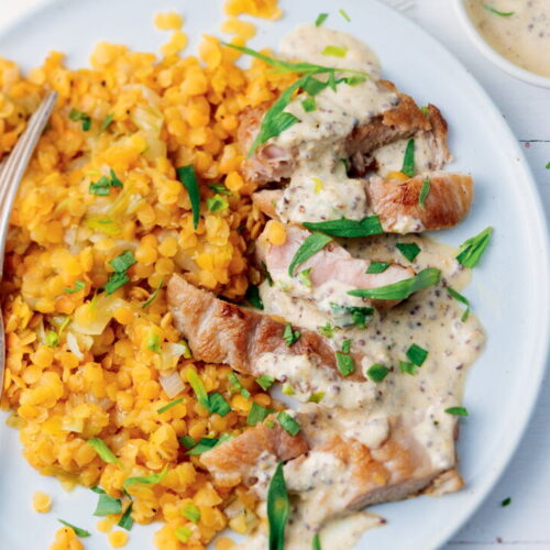 Grilled Pork Spider Steak with Mustard Sauce, Red Lentils