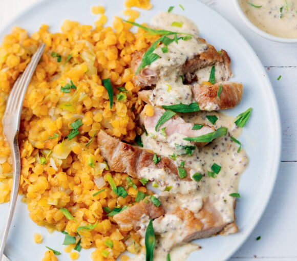 Grilled Pork Spider Steak with Mustard Sauce, Red Lentils