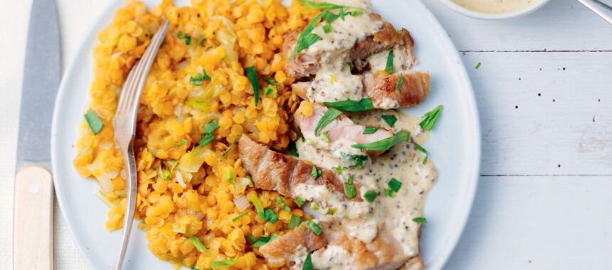 Grilled Pork Spider Steak with Mustard Sauce, Red Lentils