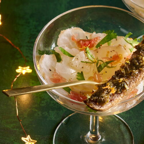 Sea Bass Carpaccio with Grapefruit and Mini Toasts with Seaweed Tartare