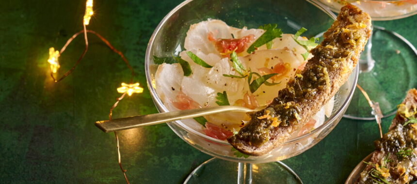 Sea Bass Carpaccio with Grapefruit and Mini Toasts with Seaweed Tartare