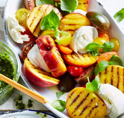 Pork Chop with Peaches, Tomatoes, and Pesto