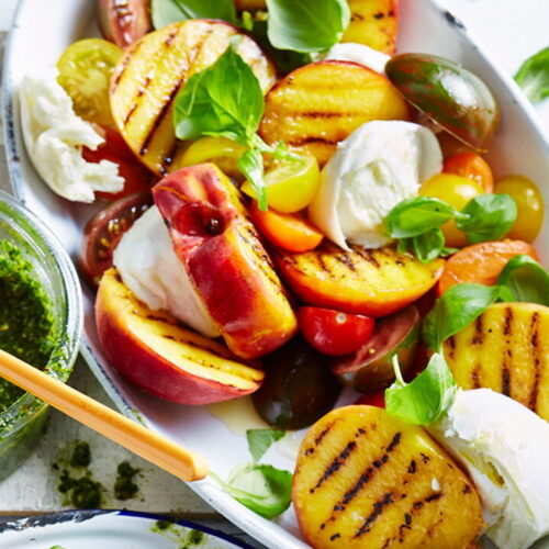 Pork Chop with Peaches, Tomatoes, and Pesto