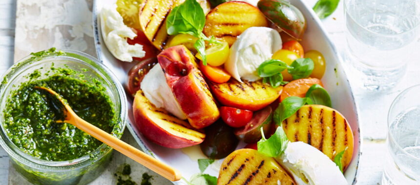 Pork Chop with Peaches, Tomatoes, and Pesto