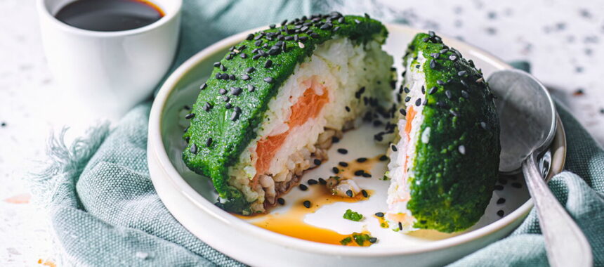 Watercress Gel, Horseradish, Vinegared Rice, and Salmon