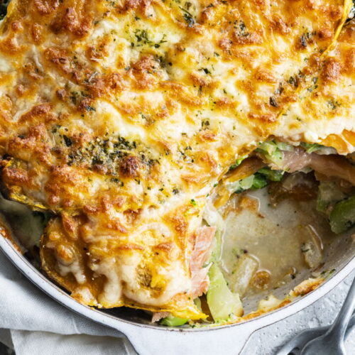 Sweet Potato, Salmon, and Broccoli Lasagna with Coconut Cream