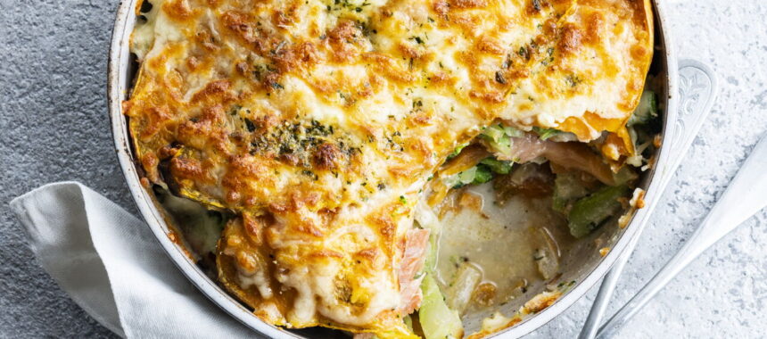 Sweet Potato, Salmon, and Broccoli Lasagna with Coconut Cream