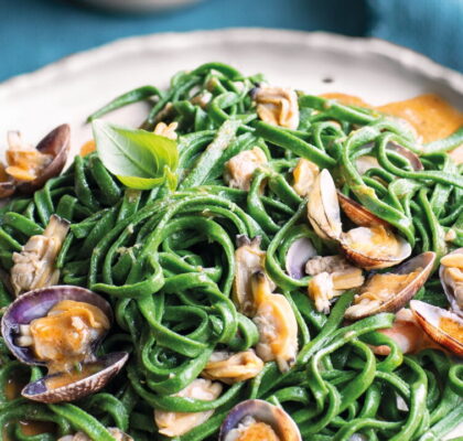 Green Linguine with Clams and Rouille Sauce