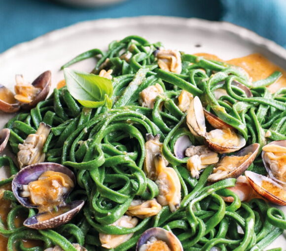 Green Linguine with Clams and Rouille Sauce