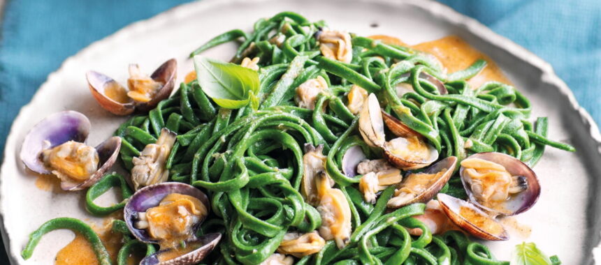 Green Linguine with Clams and Rouille Sauce