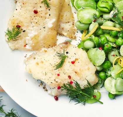 Hake with Lemon, Broad Beans, and Peas
