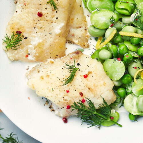 Hake with Lemon, Broad Beans, and Peas