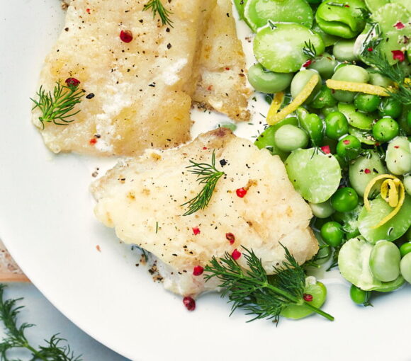 Hake with Lemon, Broad Beans, and Peas
