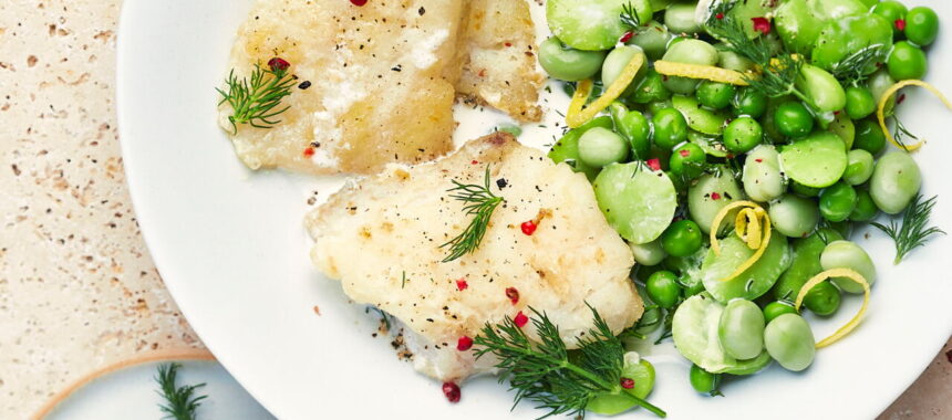 Hake with Lemon, Broad Beans, and Peas