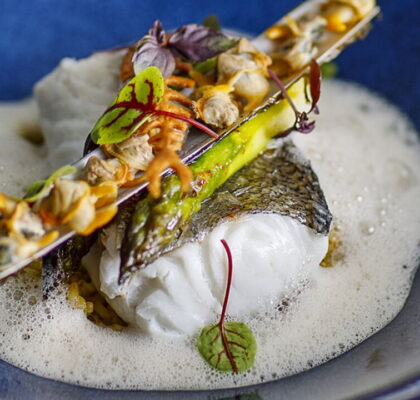 Hake Bulgur and Asparagus with Chouchen Shellfish Sauce