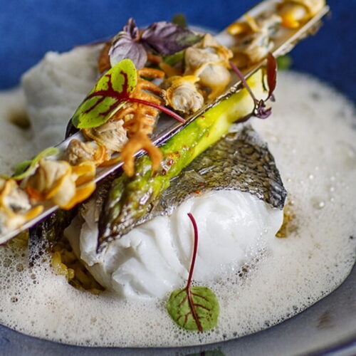 Hake Bulgur and Asparagus with Chouchen Shellfish Sauce