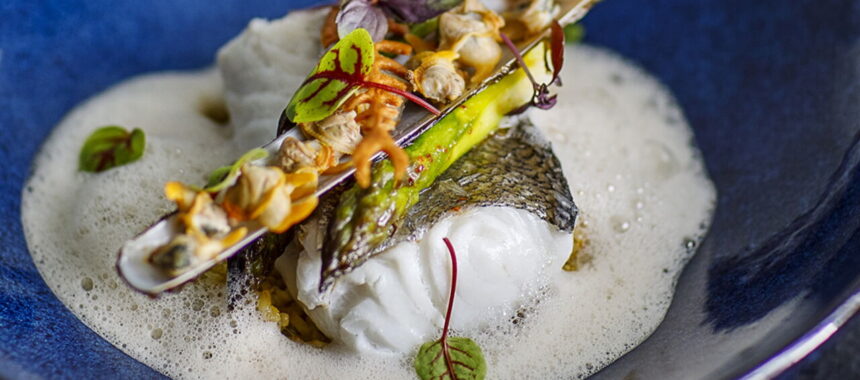 Hake Bulgur and Asparagus with Chouchen Shellfish Sauce