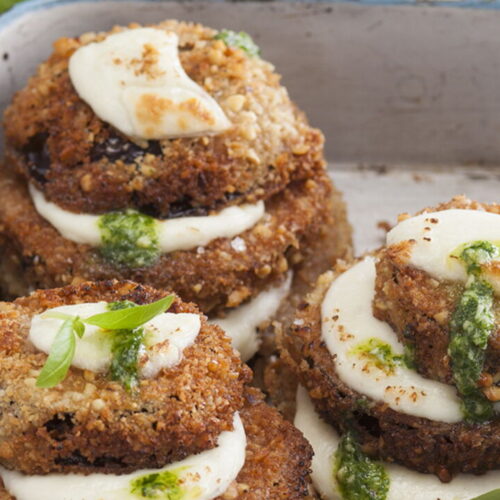 Breaded Eggplant Mille-Feuille with Mozzarella and Pesto