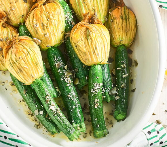 Mini Zucchinis and Flowers Stuffed with Ricotta and Basil