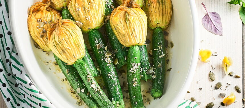 Mini Zucchinis and Flowers Stuffed with Ricotta and Basil