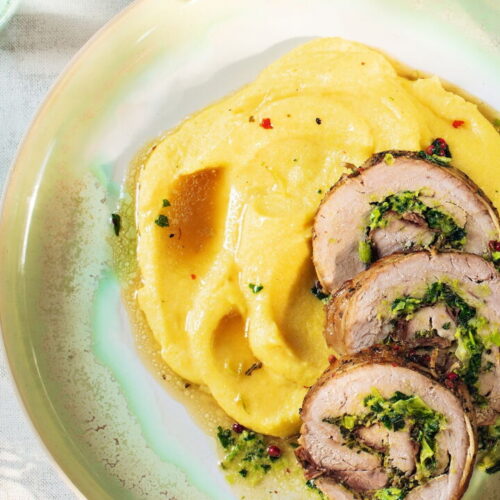 Pork Roulade with Prosciutto, Pesto, and Creamy Polenta