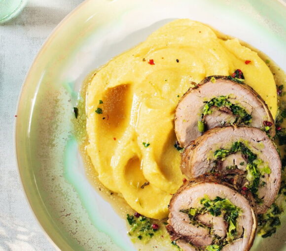 Pork Roulade with Prosciutto, Pesto, and Creamy Polenta