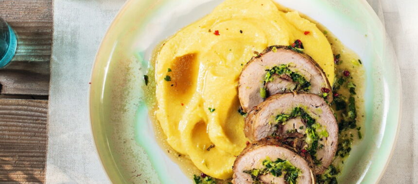 Pork Roulade with Prosciutto, Pesto, and Creamy Polenta