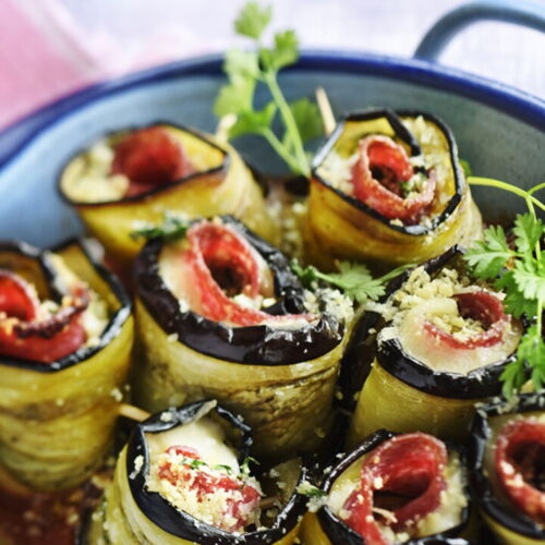 Eggplant Rolls with Mozzarella and Salami