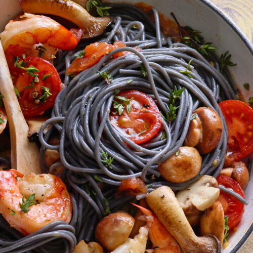 Squid Ink Spaghetti with Prawns and Sautéed Mushrooms