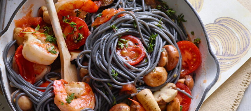 Squid Ink Spaghetti with Prawns and Sautéed Mushrooms