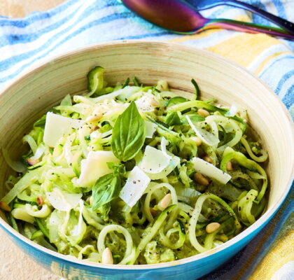 Zucchini Spaghetti with Olive Pesto