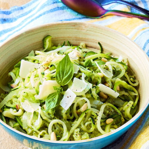 Zucchini Spaghetti with Olive Pesto