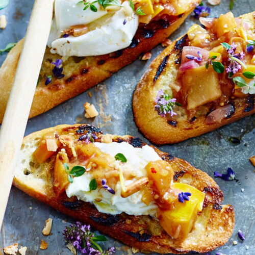 Burrata Crostinis with Nectarine Chutney