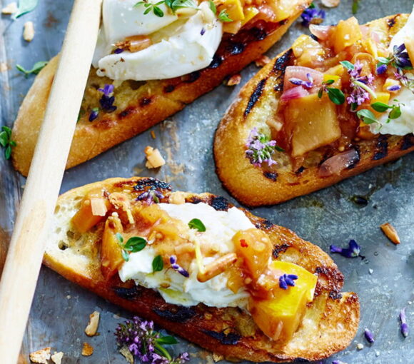 Burrata Crostinis with Nectarine Chutney