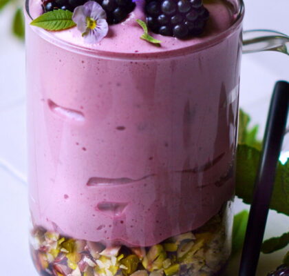 Blackberry Mousse with Pistachio Crunch