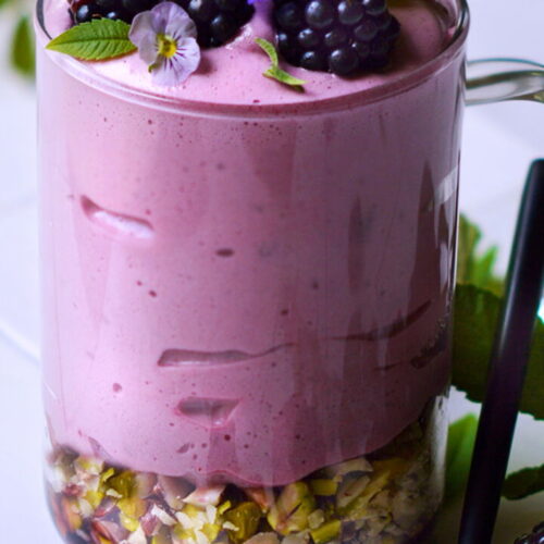 Blackberry Mousse with Pistachio Crunch