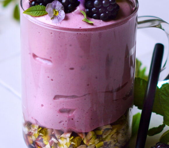 Blackberry Mousse with Pistachio Crunch