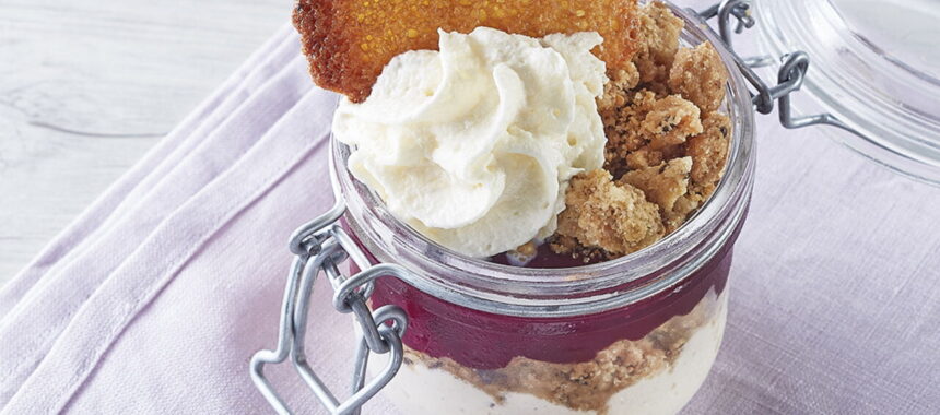 Blackcurrant, Vanilla, and Orange Blossom Verrine with Crumbled Sablé